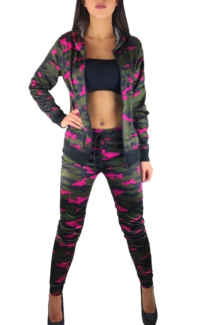 rose-camo ZOGAA Женский комплект из 2 предметов, камуфляжный тренировочный костюм, брюки для фитнеса, куртка, женская одежда, толстовка с капюшоном, топ и штаны, спортивный костюм, женские комплекты - Цвет: rose-camo