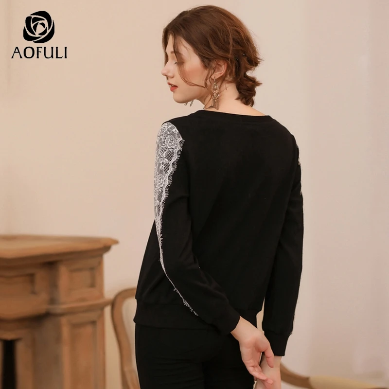 4XL/5XL Lace Patchwork Women Cotton T-shirt Autumn Winter Long Sleeve Sweatshirt Plus Size Lady Tops Black AOFULI A3733 | Женская одежда