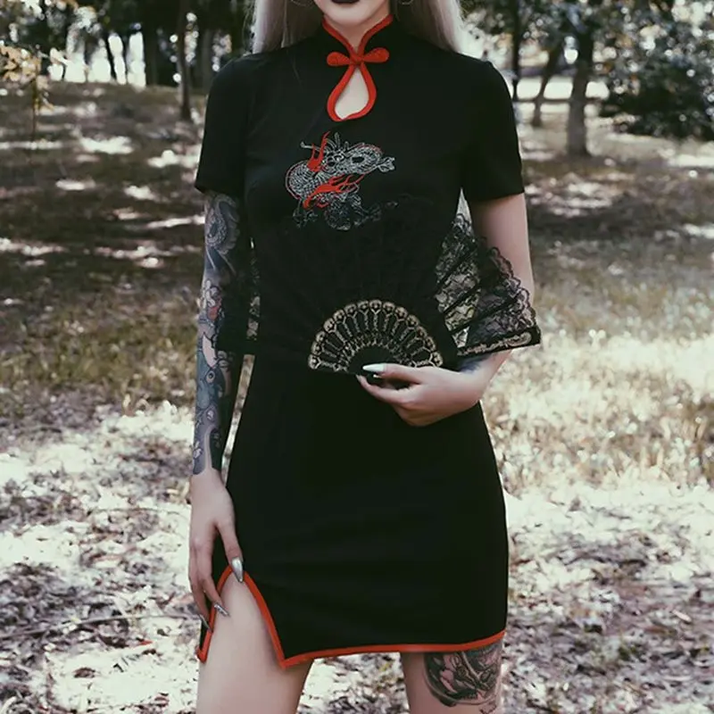 Панк сексуальные Клубные элегантные черные готические Cheongsam летние женские мини
