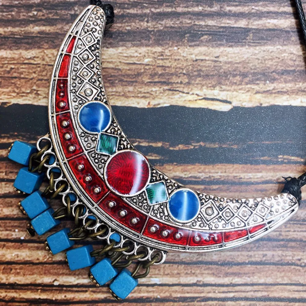 FGTORI Маленькое синее квадратное деревянное ожерелье и Ретро металлическая Луна