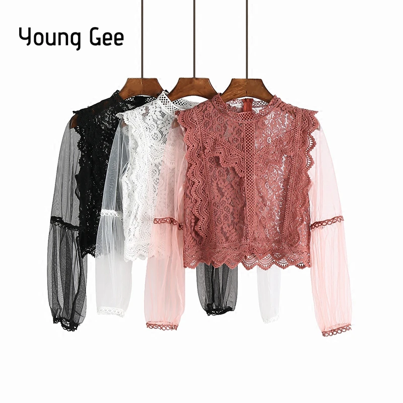Женская кружевная блузка Young Gee Весенняя с длинным рукавом фонариком 2018|blusas