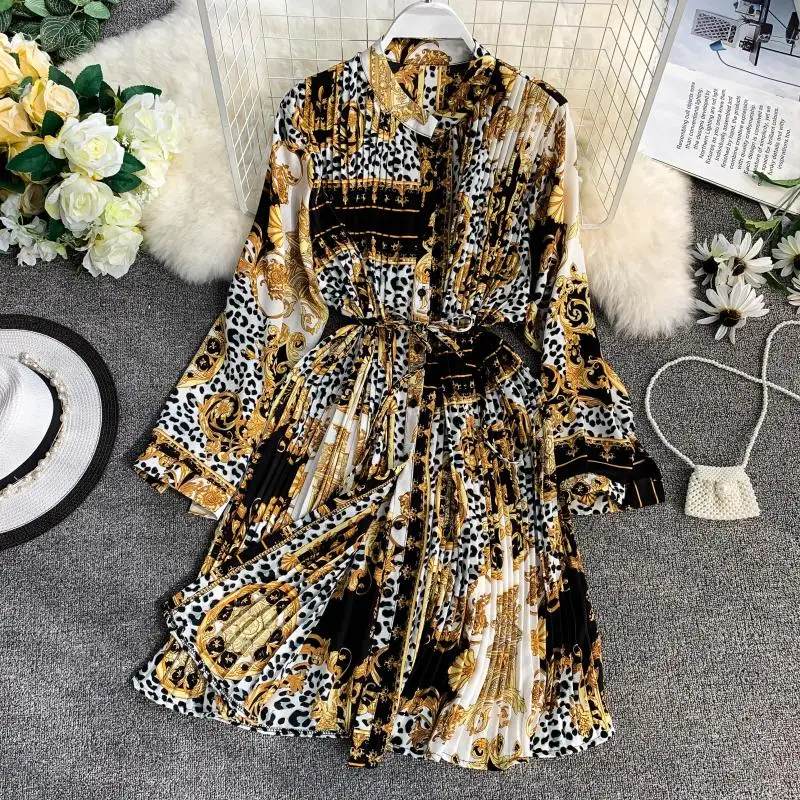 Женское плиссированное платье с леопардовым принтом шифоновое платье-рубашка