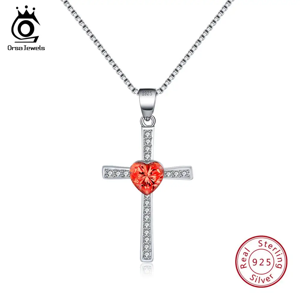 Red Zircon ORSA JEWELS, подлинное 925 пробы Серебряное сердце с подвеской в виде Креста для женщин, ожерелья AAA CZ, Модные женские ювелирные изделия ASN88 - Цвет камня: Red Zircon