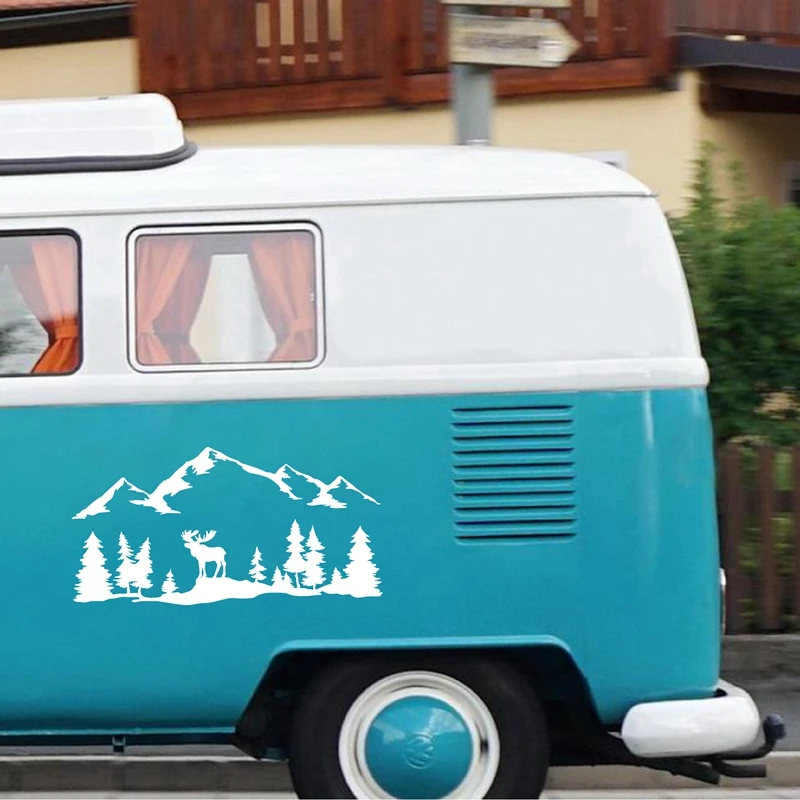 Для внедорожника RV Кемпер внедорожный лося деревья лес горы силуэт виниловые наклейки Арт Стикеры автомобиля Декор на открытом воздухе Пеший Туризм наклейки украшения
