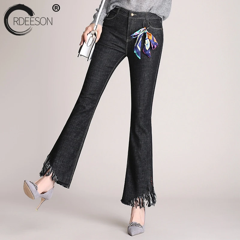 Женские рваные джинсы ORDEESON с высокой талией черные обтягивающие кисточками