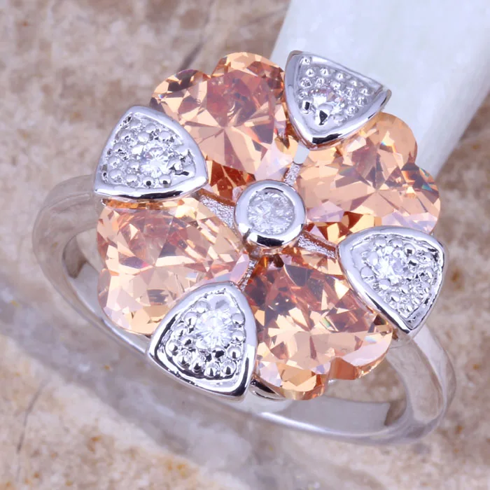 Trendy Champagne Morganite White CZ Silver Plated Women's Ring Size 6 / 7 8 9 R0980 | Украшения и аксессуары