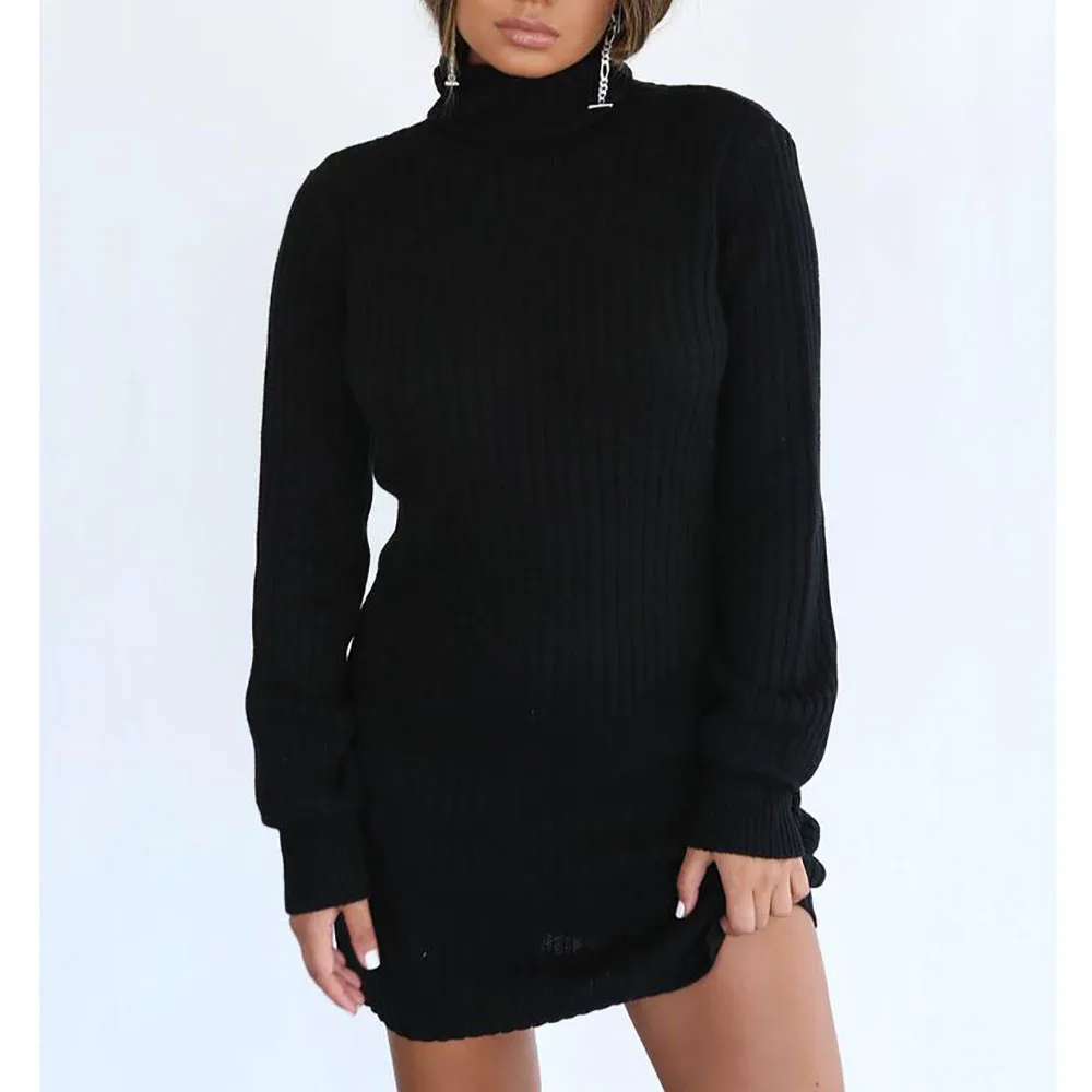 Женский Повседневный джемпер с длинным рукавом черная водолазка платье-свитер