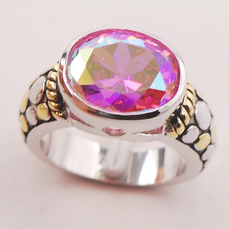Женское серебряное кольцо с розовым радужным кристаллом циркония модель F728
