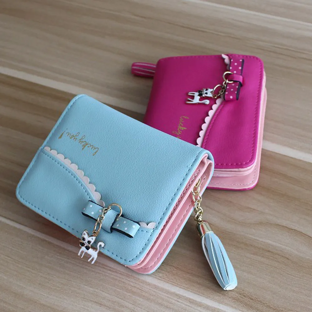 carteras mujer, женские кошельки, Дамская мода, подвеска в виде кошки, миниатюрный магический двойной кожаный кошелек, Женский держатель для карт, кошелек
