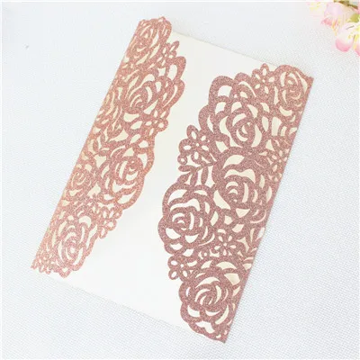 deep rose gold Приглашение на свадьбу карта блестящая Роза Лазерная резка с декорации с лентой печать на заказ 50 шт - Цвет: deep rose gold