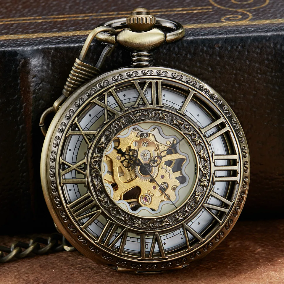 

Unique Bronze Mechanical Pocket Watch With Chain Vintage Roman Numerals Hollow Sculpture Hand Wind Mechanical Pocket Watches Men