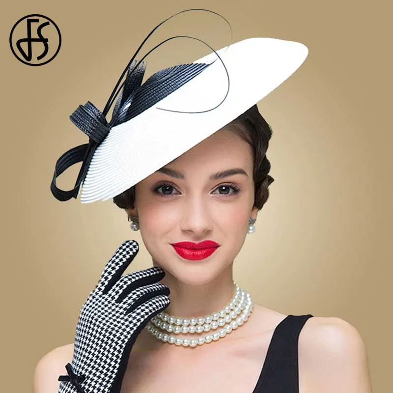 Black White Fedora Женская соломенная шляпка-«таблетка» FS, винтажная шляпка для церкви и торжественных случаев, черно-белая, летняя - Цвет: Black White Fedora