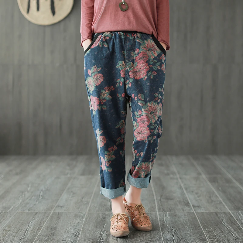 Осенние джинсы женские Ретро свободные новые с резинкой в талии принтом