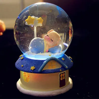 12*9CM Cute Blue Sleeping Pig Snow Globe Glass Crystal Ball Music Box Home Desktop Decor Wedding Christmas New Year Gifts | Дом и сад