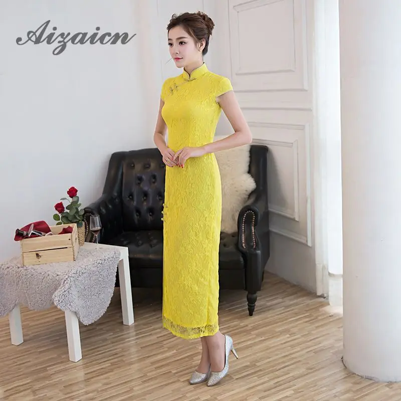 Высокое качество современные Кружева Cheongsam Длинные Сексуальные платья Qipao желтые элегантные китайские традиционные платья восточные свадебные платья