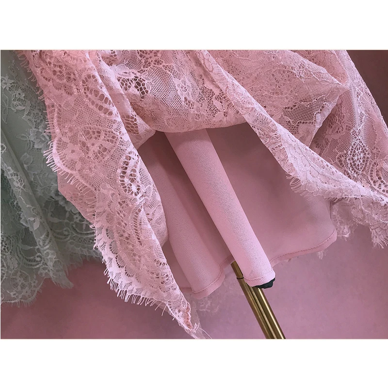 

Caiyier Silk Lace Patchwork Bathrobe Nightgown Sexy Ladies Night Dress Green Pink Sleep Dress Summer 2019 Female Lingerie
