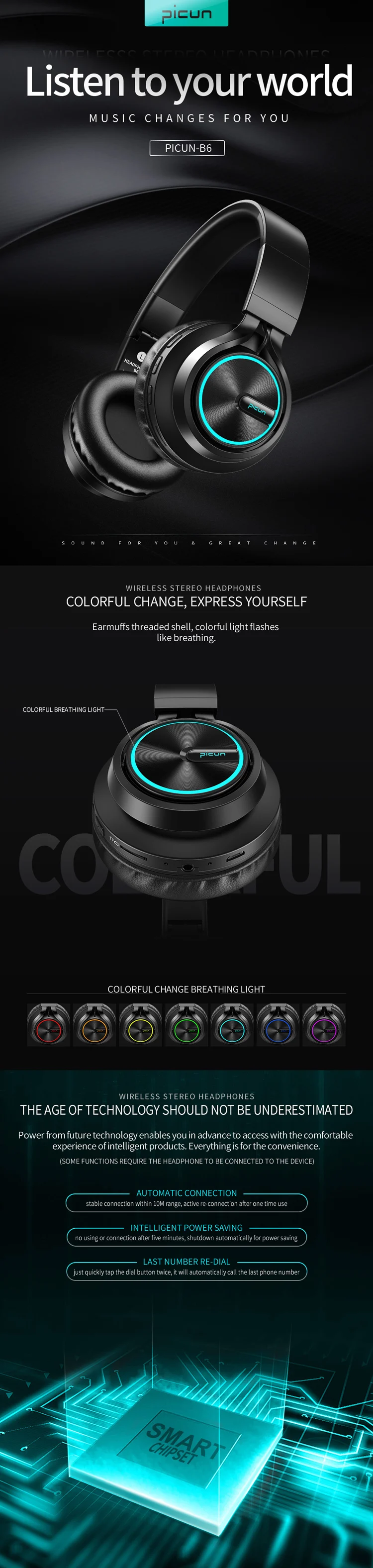 Беспроводные наушники B6, Bluetooth наушники, 12 часов работы, цветной светильник, поддержка TF карт, для мобильного телефона, ПК, телевизора