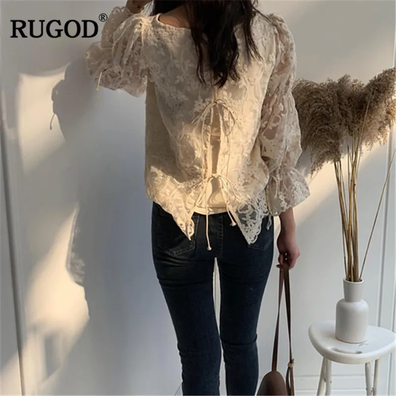 Женские шифоновые блузки RUGOD Vintge элегантные кружевные рубашки с расклешенными