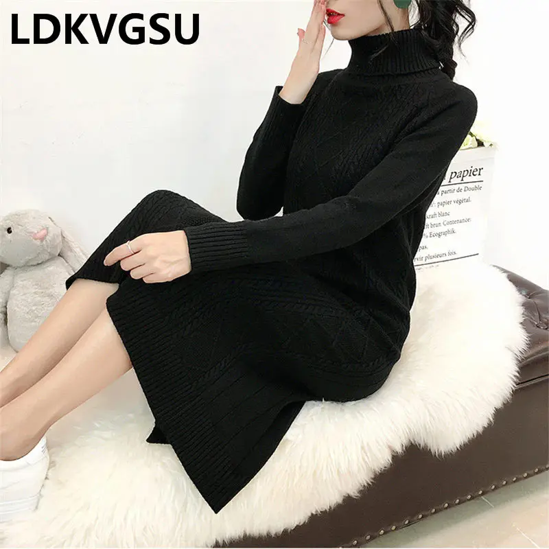 

Lazy Wind Long Pullover Sweater Female 2020 New Autumn Winter Solid Color Turtleneck Loose Wild Women Knit Dress Is1376