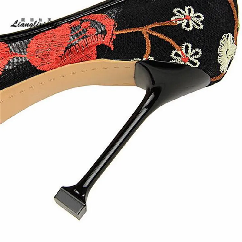 

High quality Lace shoes woman Pointed Toe ladies wedding Stiletto 10cm thin heel Nightclub Stage performance pumps size:34-38 39