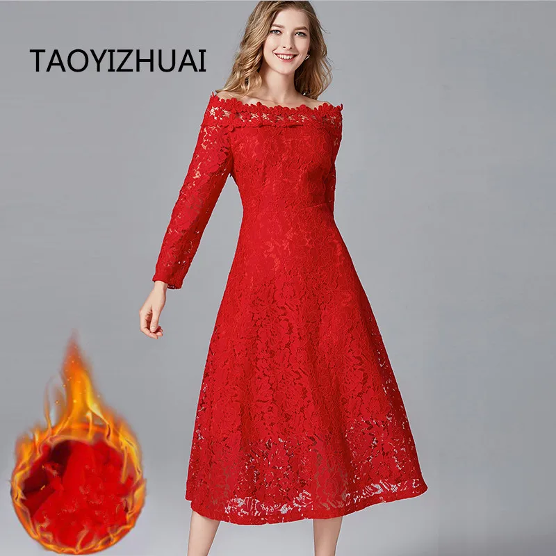 Женское длинное платье TAOYIZHUAI красное утепленное большого размера XL до середины