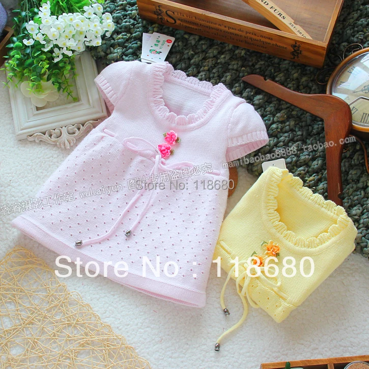 

Free shipping Retail new 2015 Spring autumn baby girls sweater kids all-match short sleeves princess sweater cute knitted dress