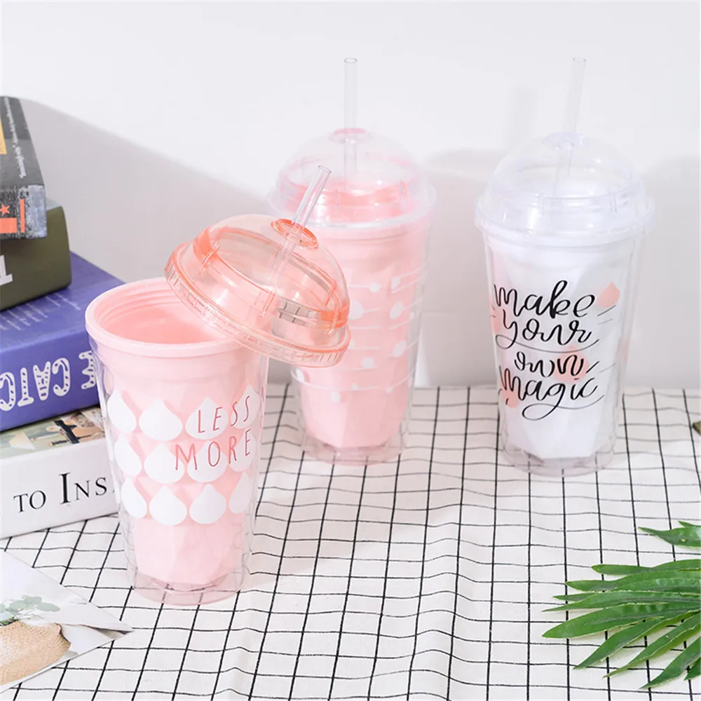 

Creative Lovely Coffee Mugs BPA Free Plastic Water Bottle Pink White With Straw Travel Portable Tea Milk Cup Drinkware 420ML