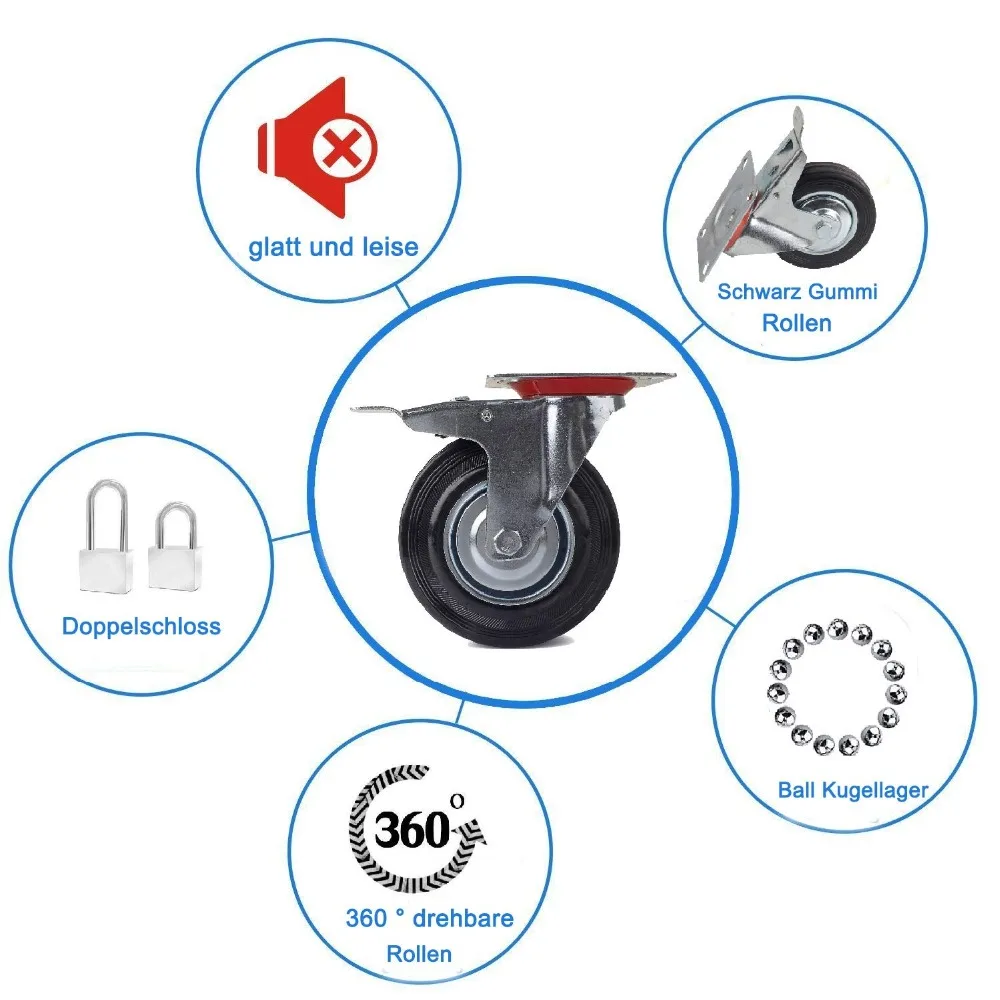 100 мм сверхмощные поворотные ролики 200 кг колеса с 2 тормозами Полиуретановая