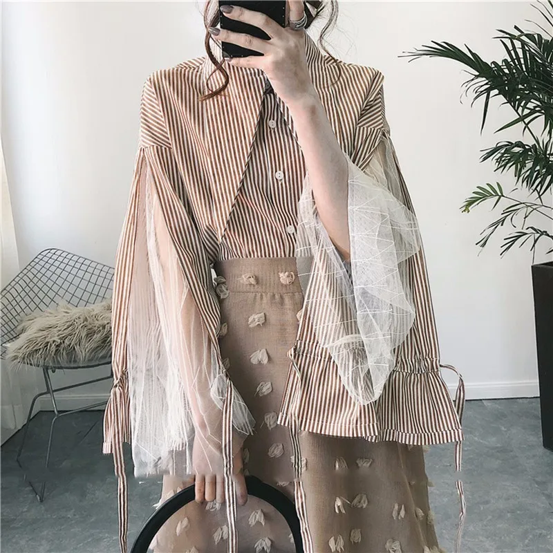 CHICEVER полосатая Лоскутная сетчатая женская рубашка блузка с расклешенным рукавом