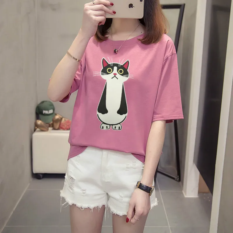 T-shirt female short-sleeved summer 2019 new printing cotton casual fashion loose thin slimming large size women's shirt | Женская