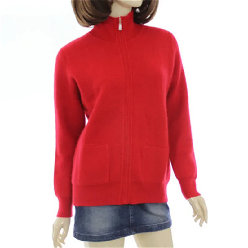 

100%goat cashmere turn-down collar thick knit women fashion solid slim zipper cardigan sweater red 4color S-2XL