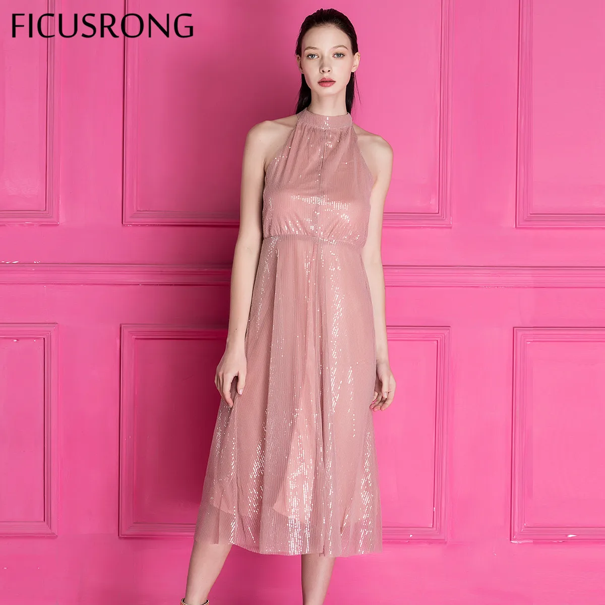 FICUSRONG 2019 новый элегантный блесток длинное платье для женщин Винтаж с открытыми