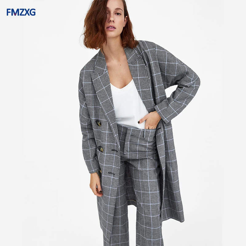 Women Warm Wool Blends Autumn Winter Coats Vintage Houndstooth Oversized High Quality Long Coat Female Double-breasted Jacket | Женская
