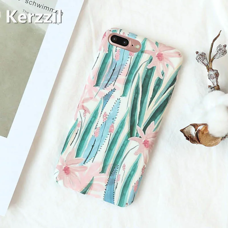 Kerzzil Pink flowers Green Leaf Phone Cases For iphone 7 8 6 6S Plus Matte Hard Cover Case iPhone Vintage | Мобильные телефоны и