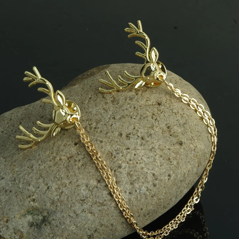 

Ｈot Deer Head Elk Brooch Tips Double Link Chains Tassels Collar Pins Clip Pin Brooches