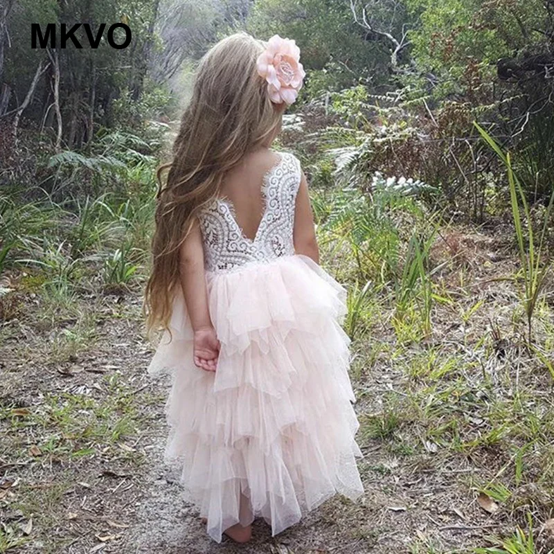 Girls dress lace embroidered solid color stitching white pink purple sleeveless elegant Christmas party princess ceremony | Детская