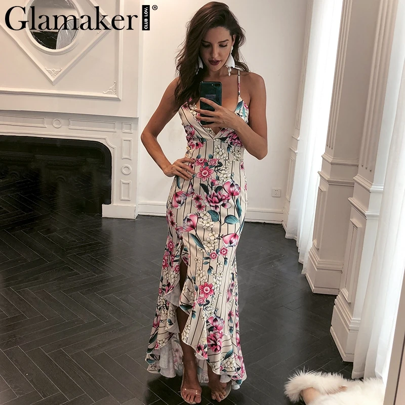 Женское платье с цветочным принтом Glamaker Пляжное Платье раздельными оборками и