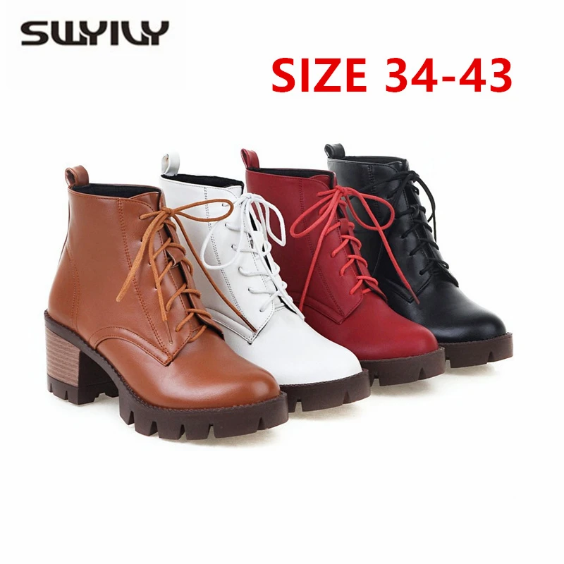 SWYIVY Bootee/ г. Осенне-зимняя женская обувь на блочном каблуке женские ботильоны обувь черного и белого цвета ботинки на шнуровке обувь на платформе, большой размер 34-43