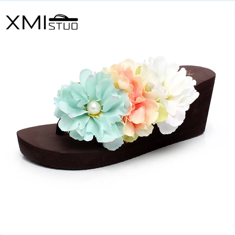 Шлепанцы XMISTUO XM12019 женские пляжные мягкие сланцы высокий каблук 7 см в богемном