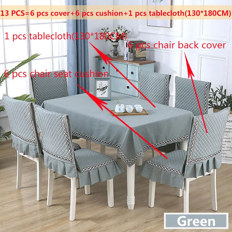 Green13pcs130x180cm Простой стиль льняная скатерть противоскользящая крышка стула подушка для столовой Пыленепроницаемая скатерть 130*180/150*200 см крышка стола - Color: Green13pcs130x180cm