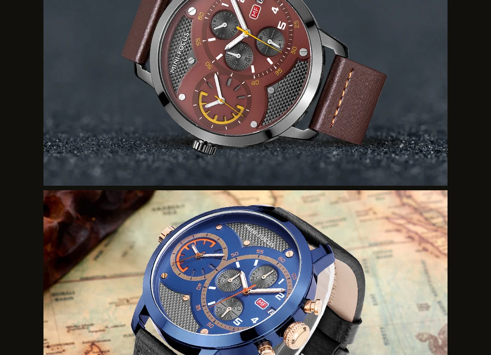 MINIFOCUS Dual Time Chrono спортивные часы модные повседневные мужские наручные Кожа Кварцевые военные часы для мужской водонепроницаемые большие часы наручные мужские часы мужские оригинальные