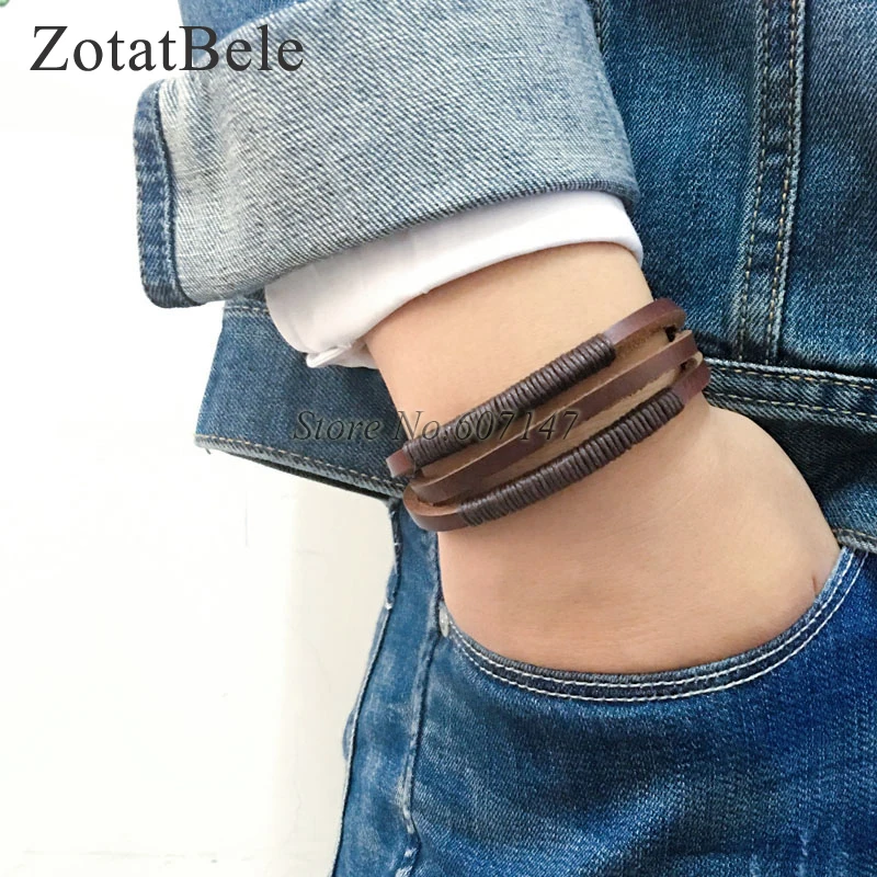 ZotatBele твист ручной работы 6 шт Жесткий браслет masculina обертывание коричневый ретро