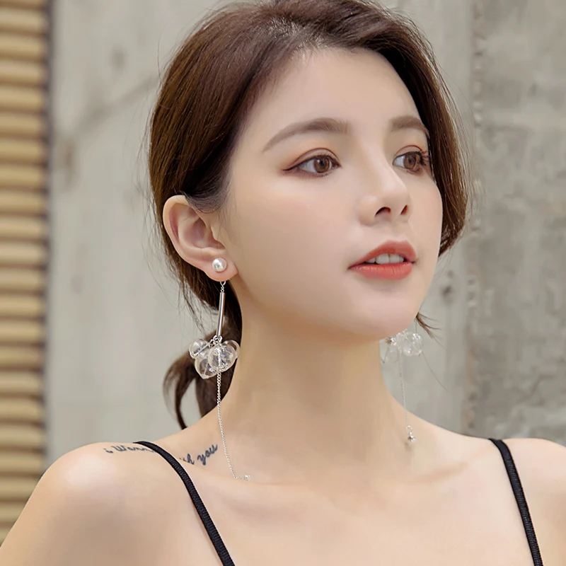 Стеклянные серьги из искусственного жемчуга женские длинные темперамент