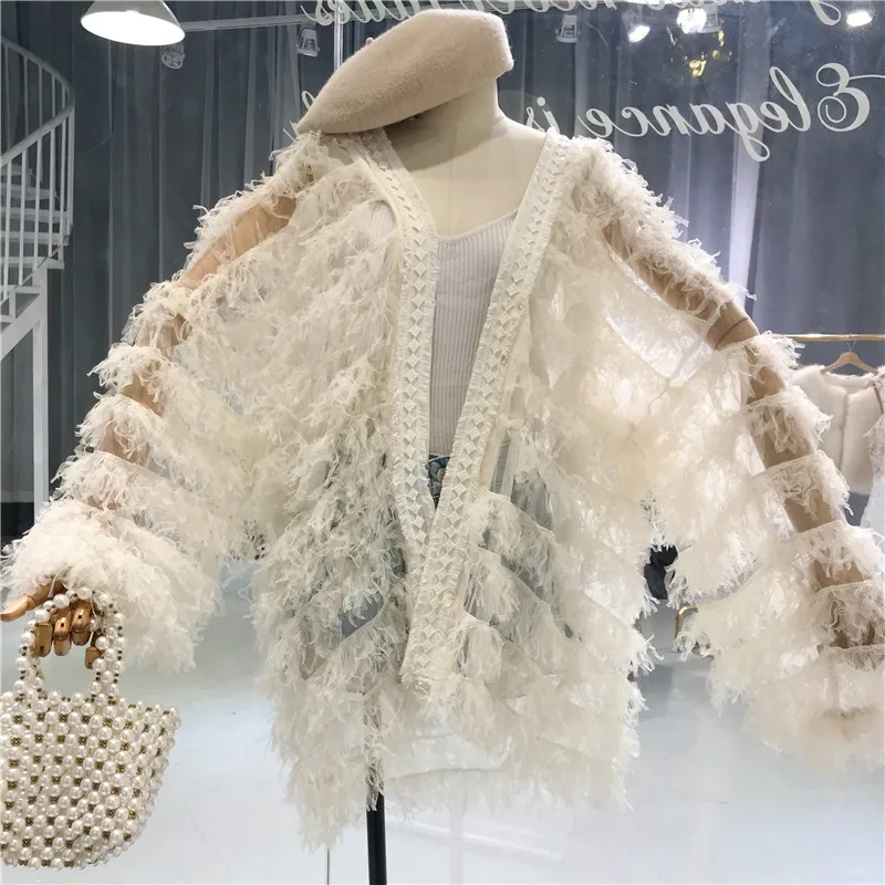 Korean version of temperament hair tassel transparent chiffon cardigan female summer new college wind solid color loose coat | Женская