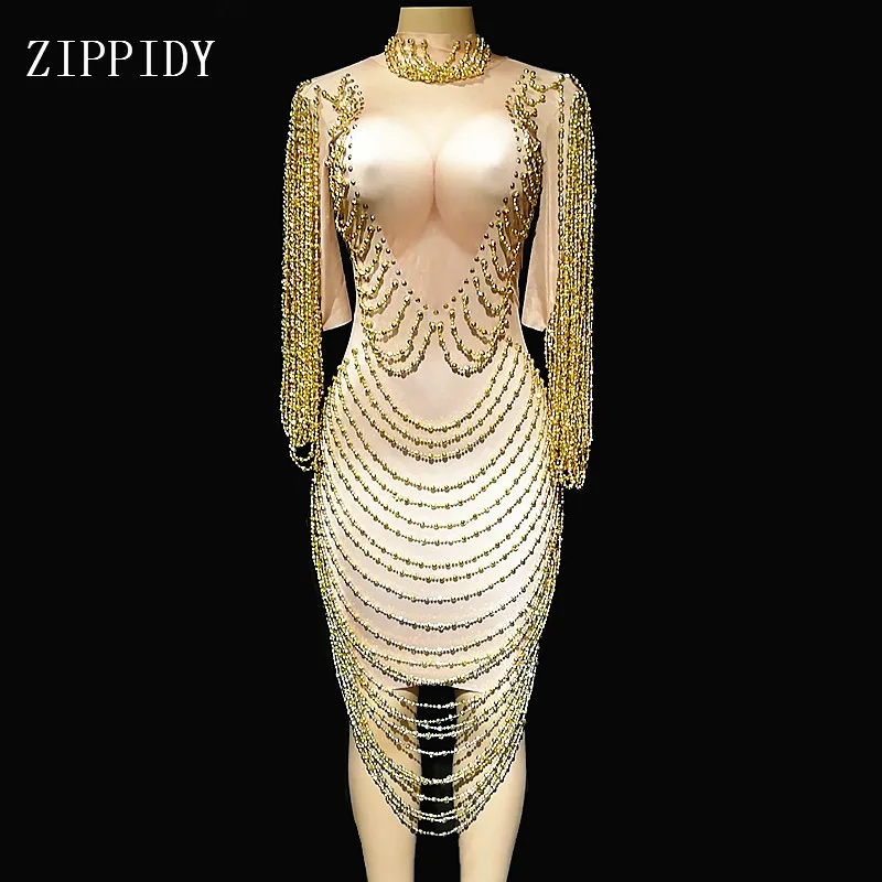 Женское платье с золотыми цепочками вечернее бусинами костюм на день рождения 2019
