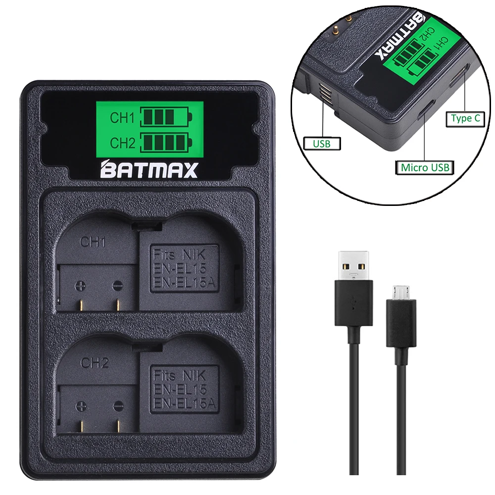 

3Pcs EN-EL15 EL15A EN EL15 Battery + LCD USB Dual Charger Type C for Nikon DSLR D600 D610 D800 D800E D810 D7000 D7100 D7200 V1