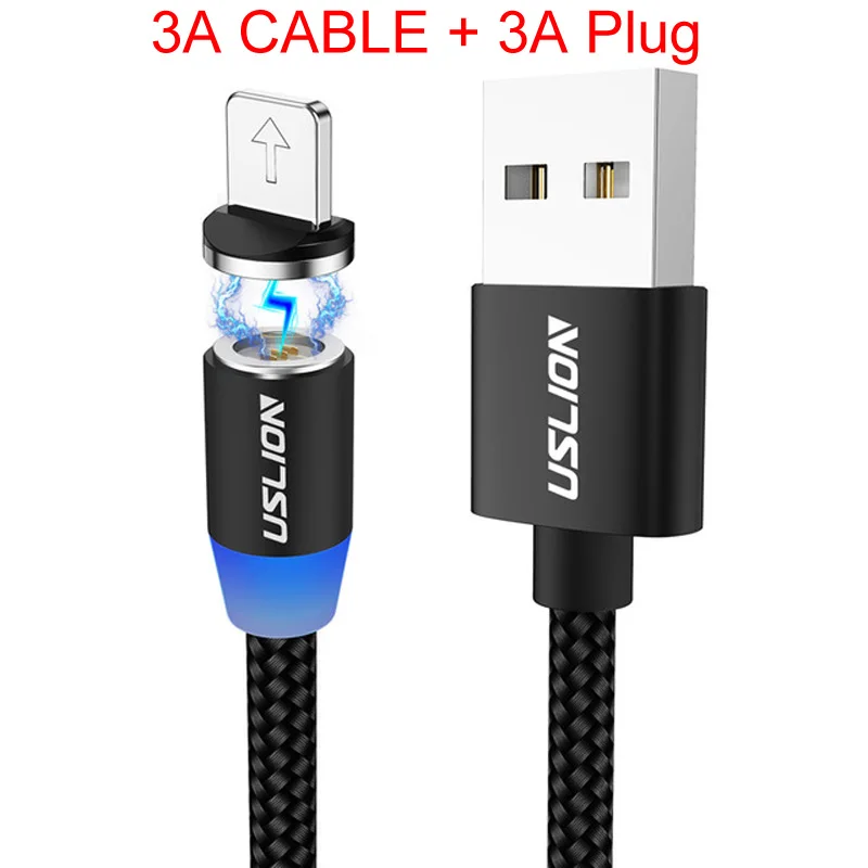 Black USLION 3а Магнитный usb-кабель для быстрой зарядки типа C микро-кабель с нейлоновой оплеткой Type-C магнитное зарядное устройство для Iphone XS 7 Samsung 1 м - Цвет: Black