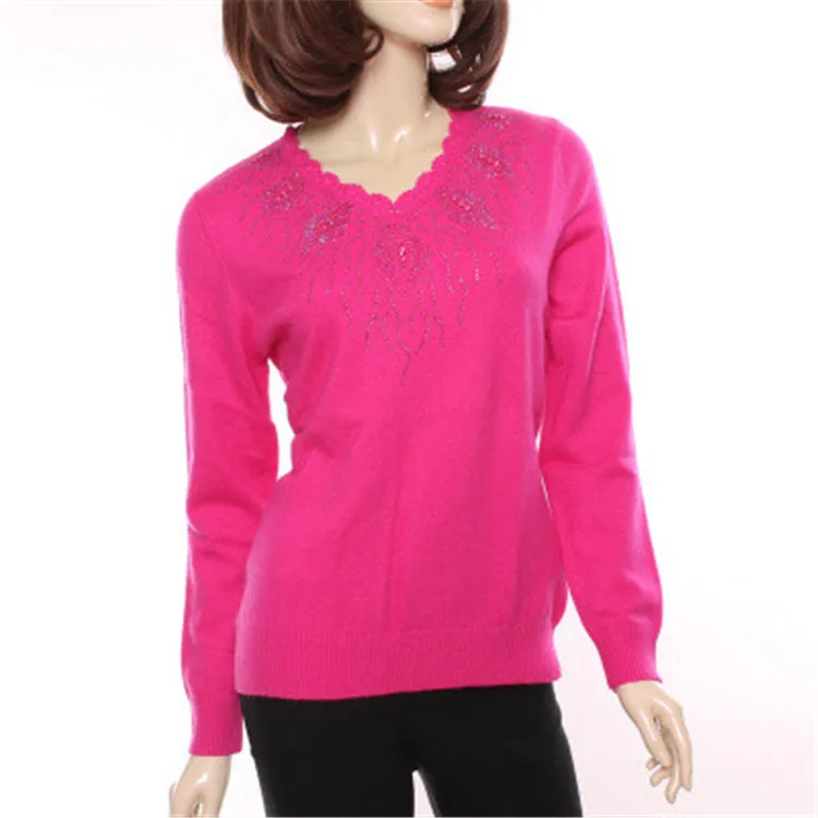 

100%goat cashmere v-neck knit women fashion sweet solid slim pullover sweater set with diamonds red 3color S-2XL