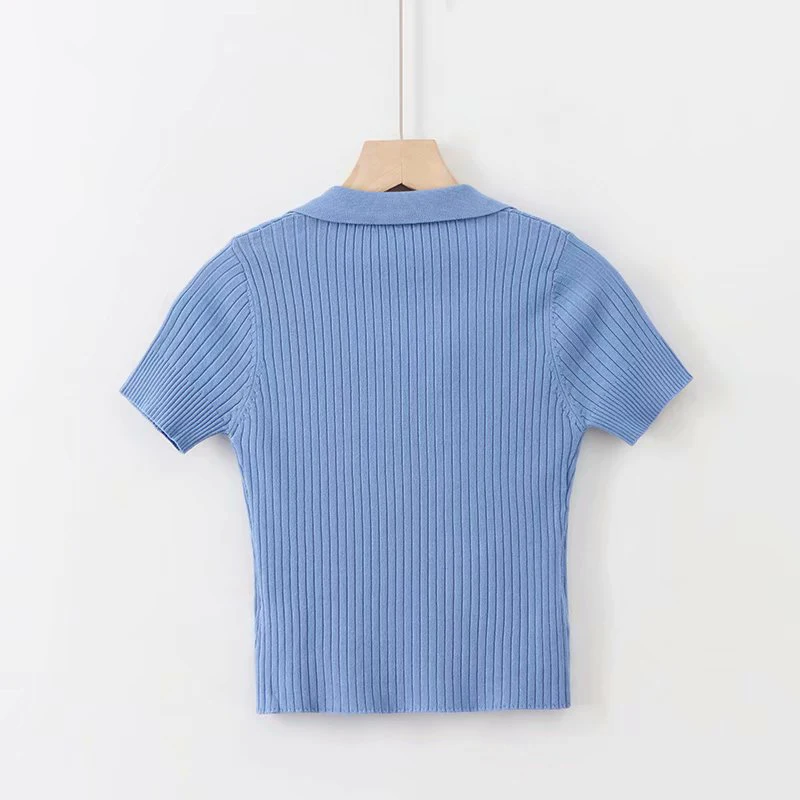 

2019 knitted Female Solid Color Turn down Collar Tee Fashion Women T Shirt harajuku T-shirt Casual
