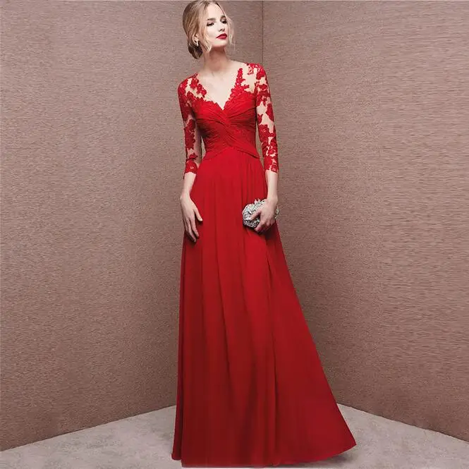 Free Shipping 2016 New Evening Dress three Quarter Sleeve Lace V Collar Red Banquet Sisters Up | Свадьбы и торжества